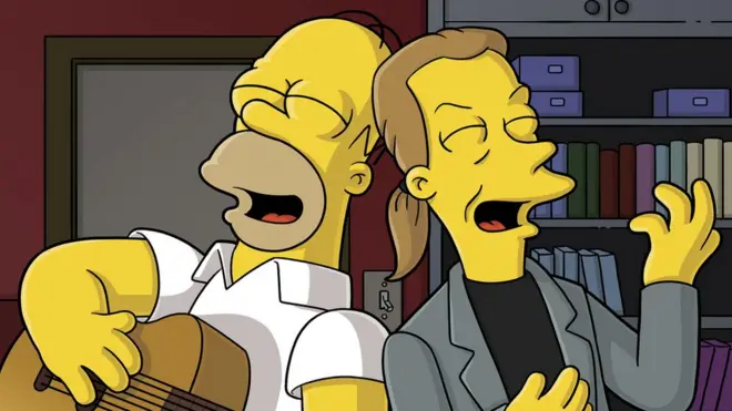 Más de 800 famosos hicieron una aparición sorpresiva en Los Simpsons. En la foto, Bart canta junto al documentalista Declan Desmond.