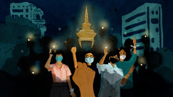 Young Thais protesting in the streets and holding up their iPhones.