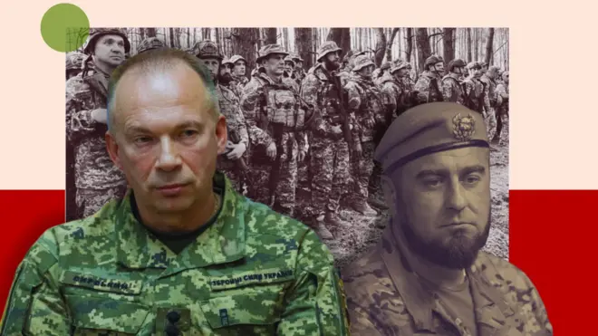 Олександр Сирський у зеленому камуфляжі, Валентин Манько поруч трохи затемнений