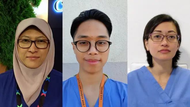 Dari kiri ke kanan, Dyah Mustikaning Pitha Prawesti, dokter kebidanan dan kandungan, Ardito Widjono, dokter di bangsal khusus Covid-19, dan dr Devie Falinda, yang bekerja di unit bedah mulut.