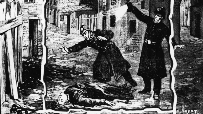 Illustration shows the police discovering the body of one of Jack the Ripper"s victims, probably Catherine Eddowes, London, England, late September 1888