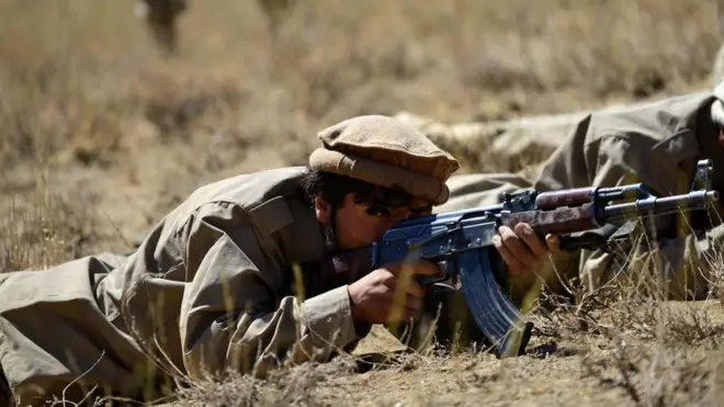 Afghan resistance movement and anti-Taliban uprising forces take part in military training