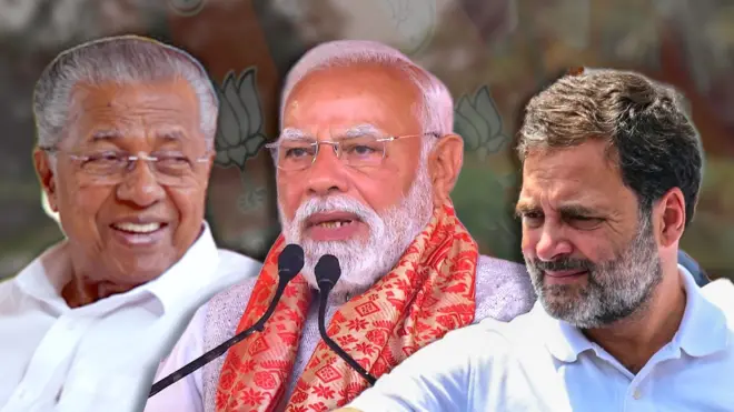 केरळचे मुख्यमंत्री पिनराई विजयन, काँग्रेस नेते राहुल गांधी आणि पंतप्रधान नरेंद्र मोदी