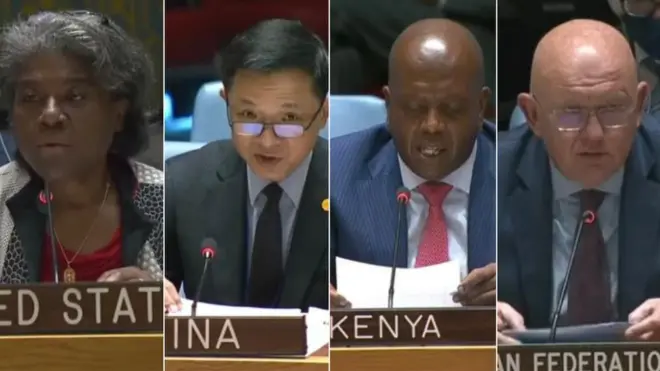 ከግራ ወደ ቀኝ በጸጥታው ምክር ቤት የአሜሪካ፣ ቻይና፣ ኬንያ እና ሩሲያ ቋሚ አምባሳደሮች