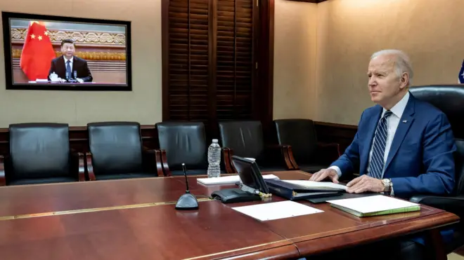 U.S. President Joe Biden holds virtual talks with Chinese President Xi Jinping from the Situation Room at the White House in Washington, U.S., March 18, 2022.