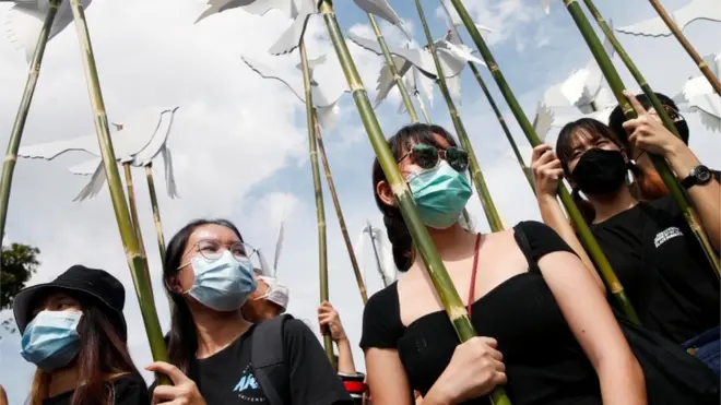Pro-democracy protesters near the Democracy Monument in Bangkok, Thailand, August 16, 2020
