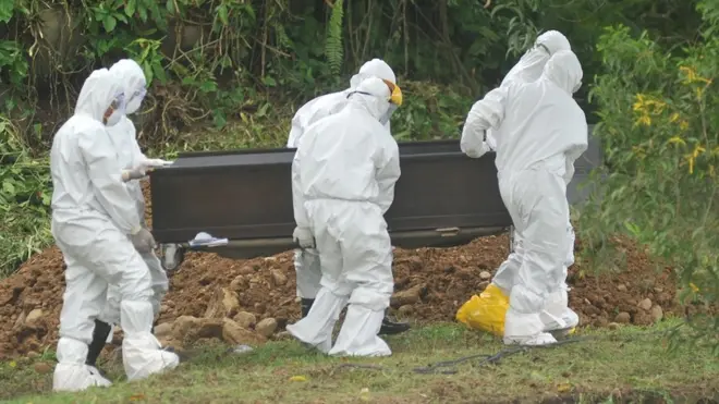 (Foto ilustrasi). Sejumlah petugas medis memakamkan jenazah pasien positif Covid-19 dengan menggunakan alat pelindung diri lengkap di Padang, Sumatera Barat, Sabtu (28/03).