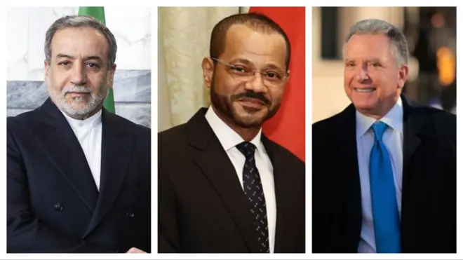 از سمت راست: استیو ویتکاف،‌ سرپرست  هیئت آمریکایی،  بدر البوسعیدی، وزیر خارجه عمان و میانجی مذاکرات و عباس عراقچی، وزیر خارجه ایران و سرپرست هیئت ایرانی