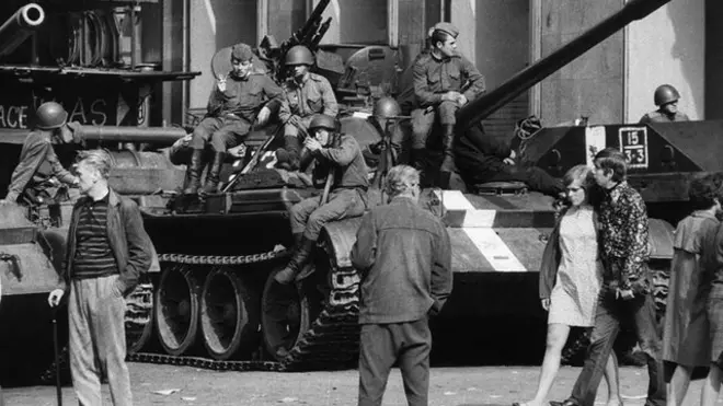 Soviet tanks on the streets of Prague, 21 Aug 68