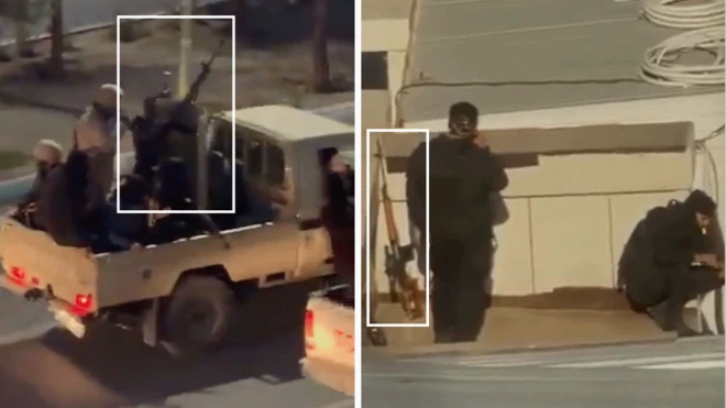 چند تصاویر کا مجموعہ۔ بائیں جانب ایک پک اپ ٹرک کے پچھلے حصے میں نصب مشین گن دکھائی گئی ہے۔ دائیں جانب بی بی سی نیوز فارسی کی جانب سے تصدیق شدہ ایک ویڈیو کا اسکرین گریب ہے۔ یہ ویڈیو 9 جنوری کو شمال مشرقی شہر مشہد کے احتجاج کے دوران ریکارڈ کی گئی تھی۔ اس میں دو افراد سیاہ یونیفارم میں ہوٹل کی چھت پر نظر آتے ہیں۔ ان کے قریب سناپئر رائفل دیوار کے سہارے کھڑی ہے