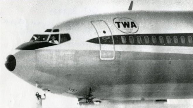 TWA Flight 85 on the runway in Bangor, Maine