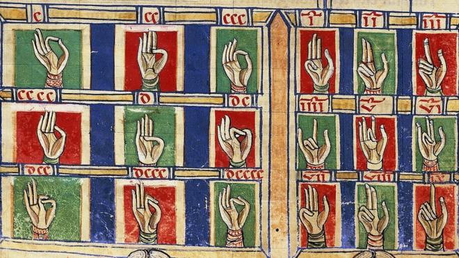Contar con los dedos del 1 al 20000, de "De numeris". Codex alcobacense, por Rabanus Maurus (780-856).