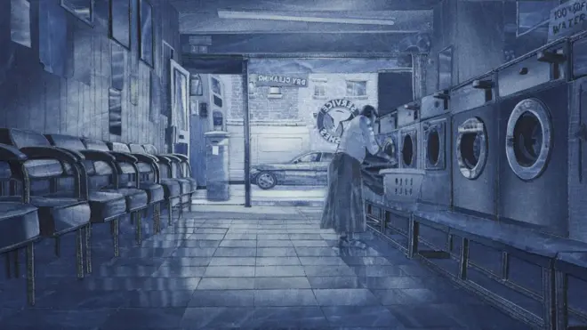 He works by taking photographs and replicating them in shades of denim