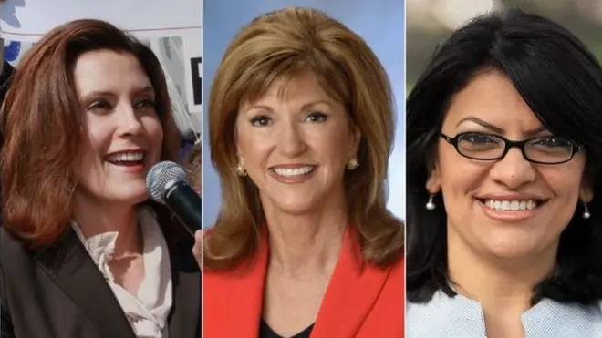 වමේ සිට දකුණට: ඩිමොක්‍රටික් පක්ෂයේ ග්‍රේචන විට්මර්, රිපබ්ලිකන් පක්ෂයේ සූසන් හචිසන් සහ නිසැකව ම කොංග්‍රසයට පිවිසෙනු ඇතැයි සැලකෙන පළමු මුස්ලිම් කාන්තාව රෂිඩා ට්ලයිබ්