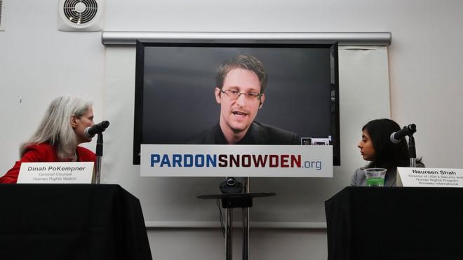 Edward Snowden speaks via video link at launch of Pardon Snowden campaign on 14 September in New York