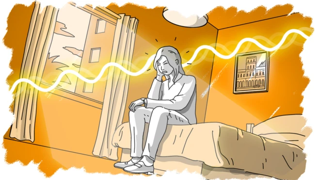 圖畫顯示女子在酒店中頭痛