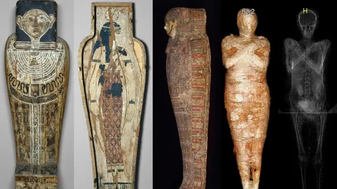 โลงชั้นนอกและชั้นใน รวมทั้งร่างมัมมี่และภาพสแกนอวัยวะภายในของ "สตรีปริศนา"