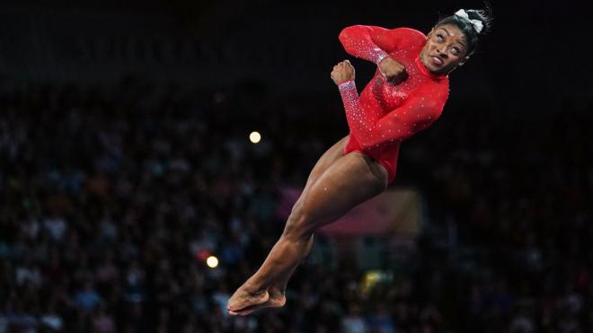 Simone Biles of United States of America during vault for women at the 49th FIG Artistic Gymnastics World Championships in Germany