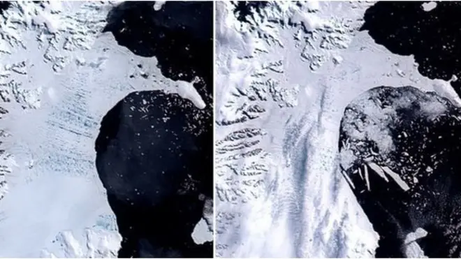 ชั้นน้ำแข็งลาร์เซน บี ปกคลุมไปด้วยหลุมน้ำขังที่เกิดจากน้ำแข็งละลายนับพันแห่ง ก่อนจะพังทลายลงเมื่อปี 2002