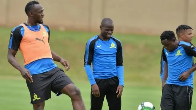 Usain Bolt trained with Mamelodi Sundowns players on Monday.