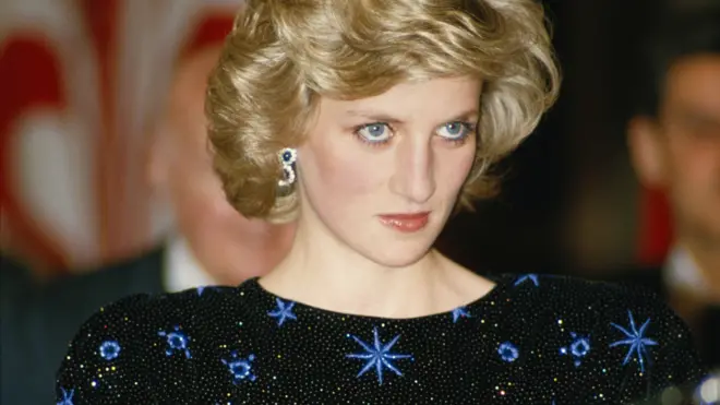 Princess Diana, wearing a Jacques Azagury gown, attending a mayoral dinner in Florence, Italy, April 1985