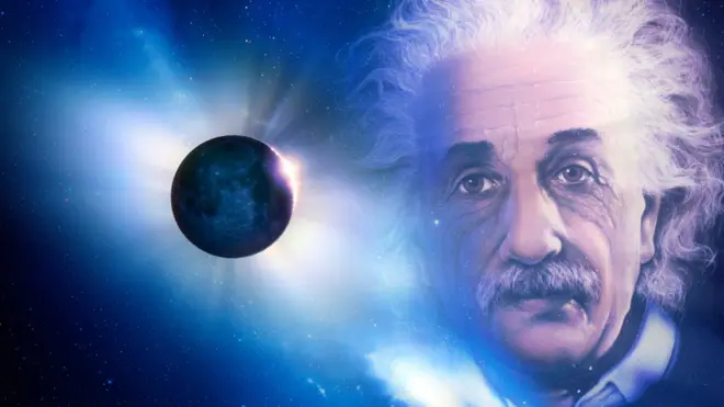 Ilustrasi foto Einstein dan gerhana total matahari.