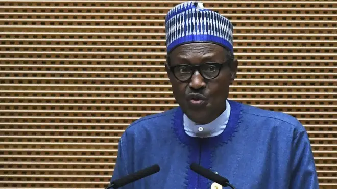 Nigeria president Mohammadu Buhari dey give speech for Africa Union