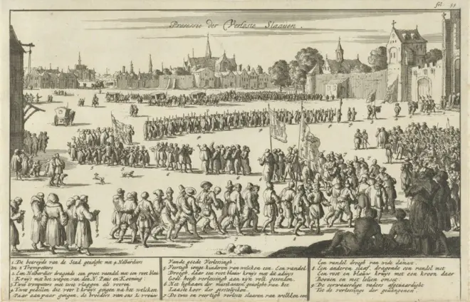 Prosesi pertukaran atau perdagangan budak di Amsterdam, Belanda, karya seniman Jan Luyken (1684). 