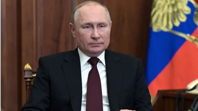 Russian President Vladimir Putin tok during im address to di nation for Kremlin for Moscow on 21 February