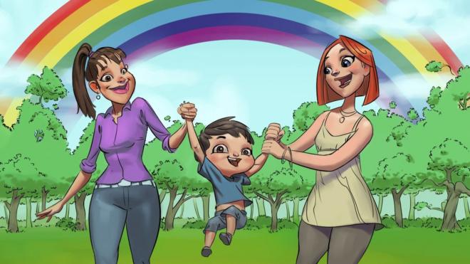 Image of two women and a kid from Rainbow Families book
