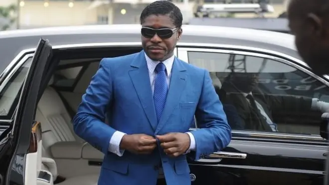 Une photo d'archive prise le 24 juin 2013 montre Teodoro (alias Teodorin) Nguema Obiang, fils du président de la Guinée équatoriale, arrivant au stade de Malabo.