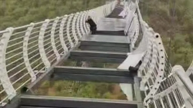 A man is seen gripping onto a bridge tightly