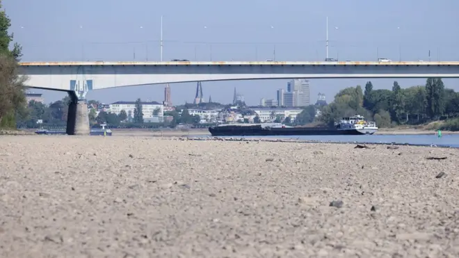 Brod plovi Rajnom u Bonu u Nemačkoj uprkos niskom vodostaju. Teretni brodovi trenutno ne mogu da putuju sa punim teretom, što povećava cene isporuke.