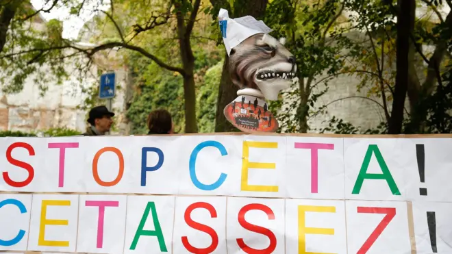 Anti-Ceta poster outside Walloon parliament in Namur - 21 October