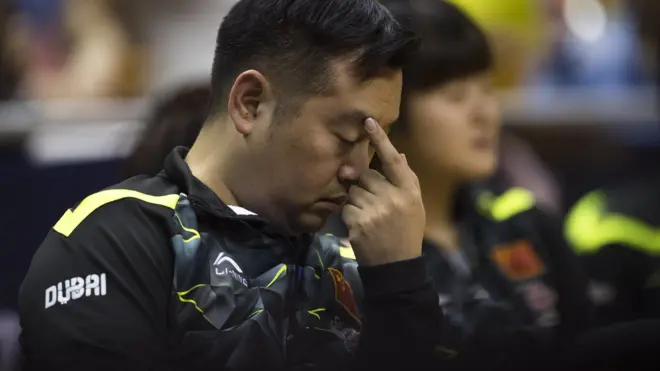 2017年5月14日，孔令辉在湖北黄石举行的中国女子乒乓球队备战德国世乒赛的热身赛时的资料照片