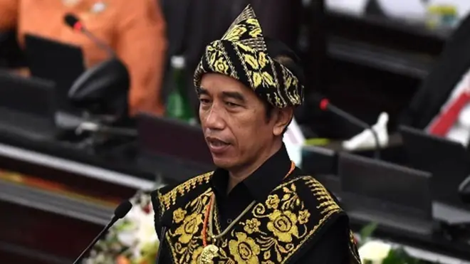 Presiden Joko Widodo menyampaikan pidato dalam rangka penyampaian laporan kinerja lembaga-lembaga negara dan pidato dalam rangka HUT ke-75 Kemerdekaan RI pada sidang tahunan MPR dan Sidang Bersama DPR-DPD di Komplek Parlemen, Senayan, Jakarta, Jumat (14/8/2020).