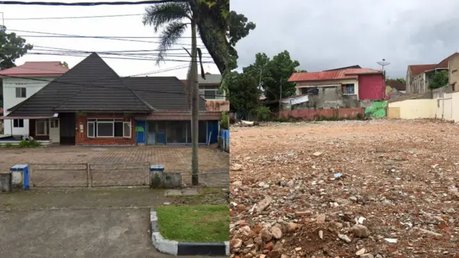 Foto sebelum (kiri) rumah singgah Bung Karno dirubuhkan dan setelah (kanan) dirubuhkan.