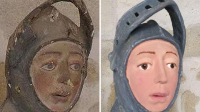 Escultura de São Jorge antes e depois da restauração