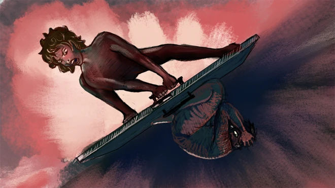 Uma ilustraçãoaposta esportiva virtualuma mulher tentando abrir uma porta atrás da qual um homem está escondido.