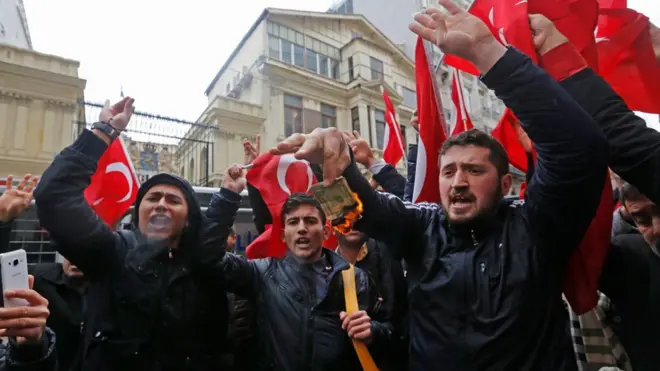 President Erdogan's supporters held protests after two Turkish ministers were barred from attending rallies in the Netherlands