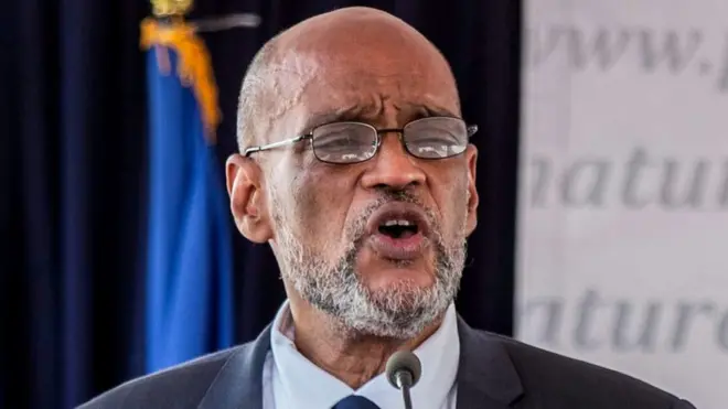 Ariel Henry speaks during a ceremony as he takes office as Prime Minister of Haiti, Port-au-Prince, 20 July 2021