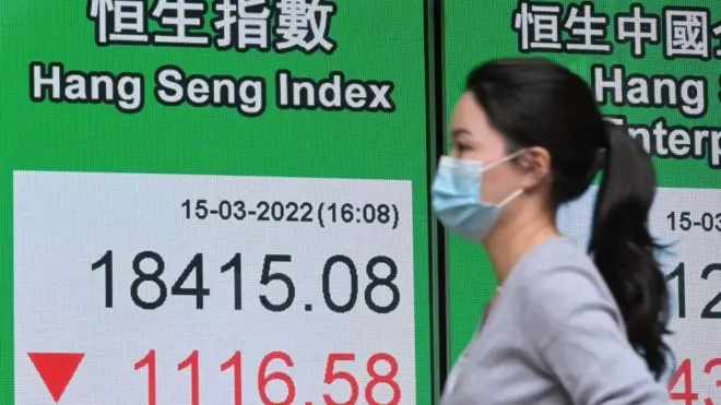 A pedestrian walks by an electronic screen displaying the Hang Seng Index on March 15, 2022 in Hong Kong, China.