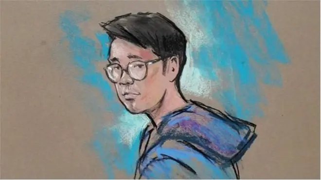 Terduga yang dikenali sebagai Jonathan Tran, 26 tahun, dalam lukisan selama dirinya dimintai keterangan.