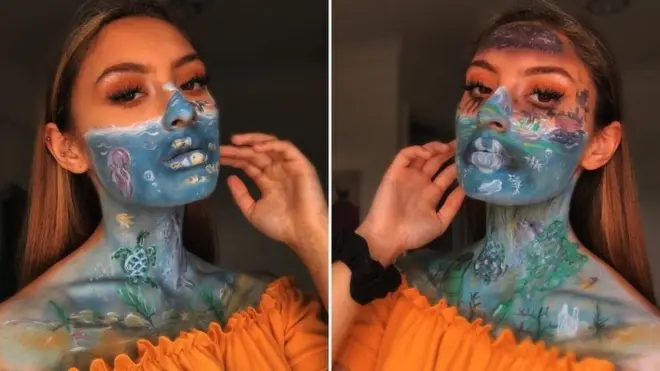 Хана Мартин изобразила загрязнение океанов и гибель животных на своём лице с помощью макияжа