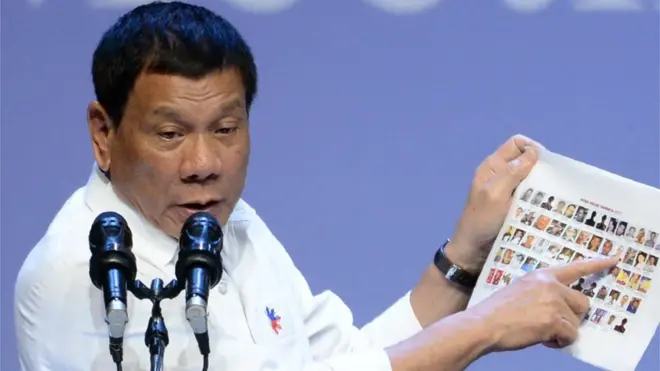 Duterte menunjukkan foto-foto para politikus yang ditudingnya berkomplot dengan para pengedar narkoba.