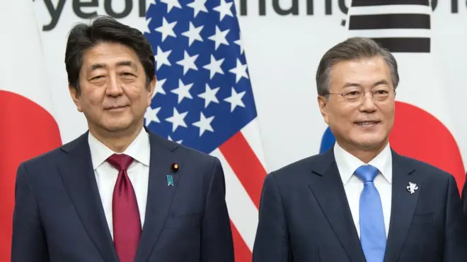 아베 신조 일본 총리(왼쪽)과 문재인 한국 대통령