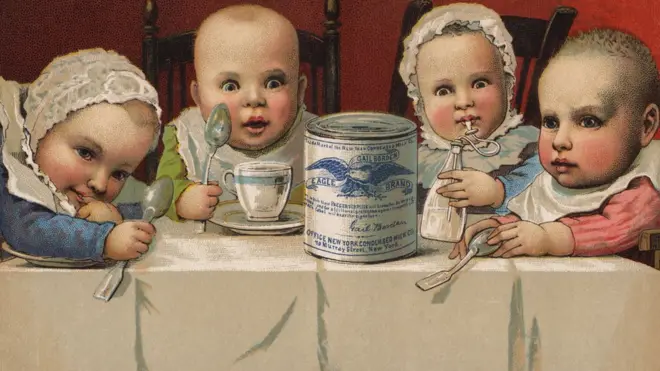 Iklan susu kental manis (condensed milk) sudah sejak lama menggunakan citra balita. Seperti iklan ini yang dibuat pada 1887.