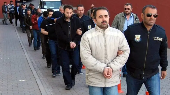 Members of the Turkish police escort alleged Gulen supporters