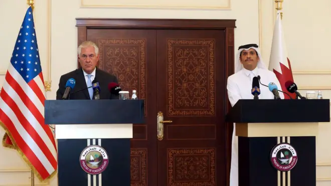 ඇමරිකානු රාජ්‍යය ලේකම් රෙක්ස් ටිලර්සන් සහ කටාර් විදේශ අමාත්‍ය මොහම්මද් බින් අබ්දුල්රහ්මාන් බින් ජසීම් අල්-තානි