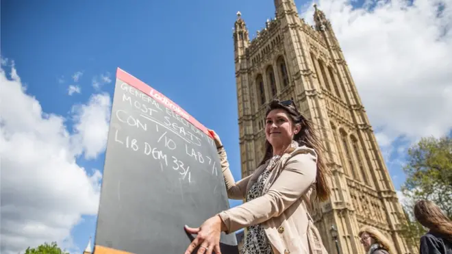 英国博彩公司立博（Ladbrokes）雇员在议会附近展示大选赔率